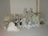 Lot - Angel Figurines, etc. - Candle Sticks, Compote w/ Glass Bowl & Milk Glass Candy/Nut Dish