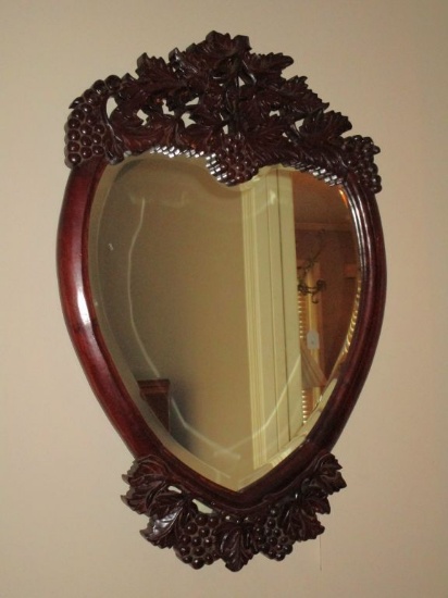Beveled Mirror in Mahogany Frame w/ Grape Cluster & Leaf Design