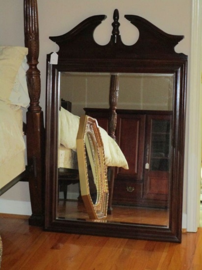 Mahogany Framed Mirror w/ Arched Pediment & Finial