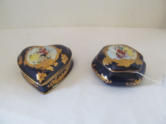 Lot Limoges Cobalt Porcelain Portrait Trinket Boxes w/ Gilt Accents  - 3" & 3 1/2"