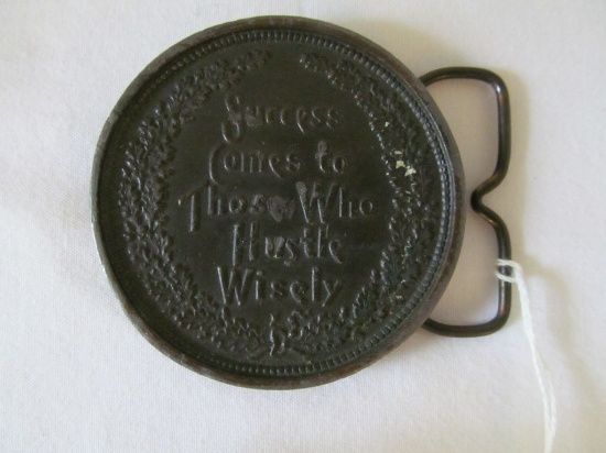 Vintage 1970's Belt Buckle "Success Comes to those who Hustle Wisely" by Bergamot Brass Works