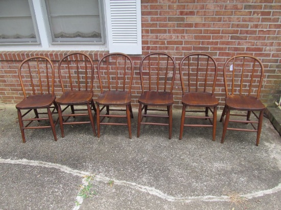 6 Vintage Oak Spindle Back Dining Chairs w/ Minor Wear