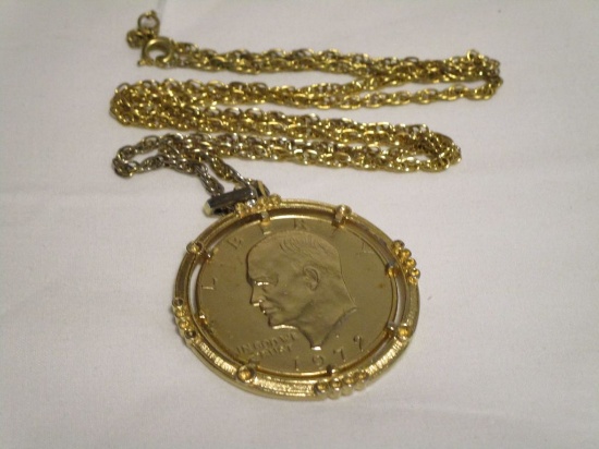 Eisenhower Gold Plated $1 Coin in 1972 Plated Bezel Setting w/ Gold tone Chain
