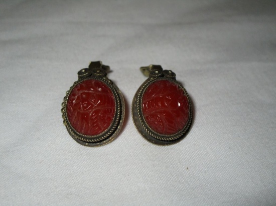 Pair Vintage Clip on Scarab Earrings in Brass Setting