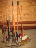 Lot - Yard Tools - Rake, Sling Blade, Log Splitter, Pruning Saws, Post Hole Diggers,