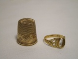 14K Baby RIng (no stone) & Sewing Thimble w/ Etched Cottage Scene - Approx. 5/8