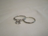 Silver Tone Ladies Wedding Set - Engagement Ring w/ Clear Stone Marked w/ Arrow on Band &