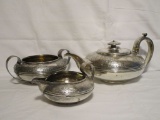 Silver-plate Teapot w/ Creamer & Open Sugar - Beautiful Etched Design