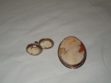 Beautiful Carved Shell Cameo Set w/ Screw back Earrings, Pendant/Brooch - 900 Gold over Sterling