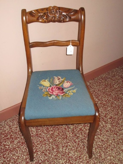 Mahogany Carved Back Chair w/ Needlepoint Seat