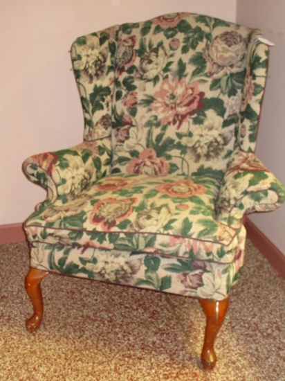 Large Queen Anne Style Wing Back Chair