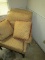 Occasional Chair & Pillows, Gold Upholstered w/ Burgundy Accent & Wood Trim