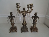 Early 3 Piece Brass Girandole Set w/ Prisms