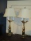 Pair - Faux Malachite & Brass Triple Light Lamps