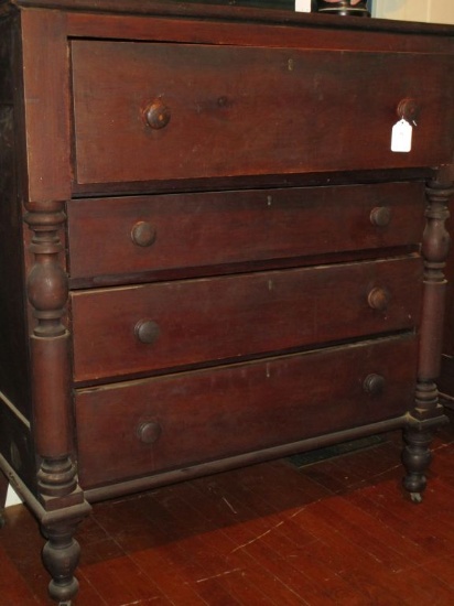 Mahogany Empire 4 Drawer Chest w/ Dovetail Drawers, Wooden Pulls, Turned Columns,