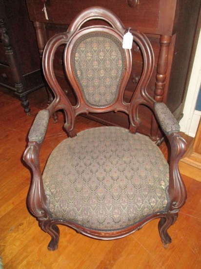 Victorian Style Walnut Arm Chair Upholstered Medallion Back Arm Rests & Seat