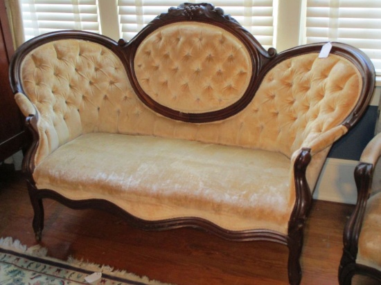 Victorian Style Walnut Style Medallion Back Sofa Gold Upholstered Heavily Carved