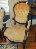 Victorian Style Walnut Parlor Chair Gold Upholstered Arm Rests, Seat & Tufted Back