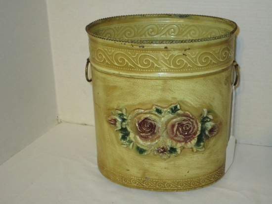 Metal Waste Basket w/ Hand Painted Rose Design