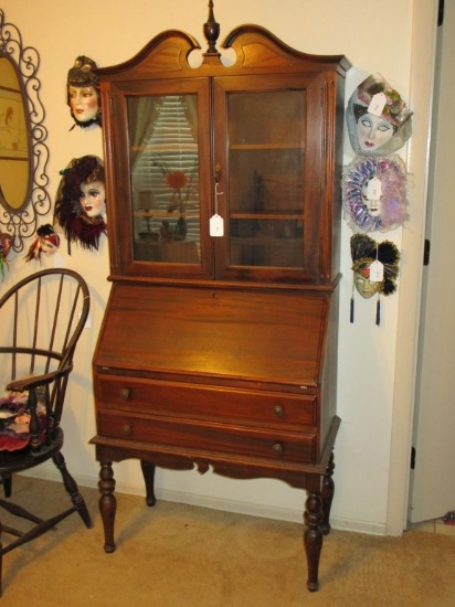 Small Mahogany  Drop Front Secretary on Turned Legs - 2 Drawers