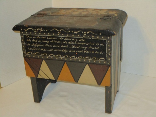 Folk Art Style Hand Painted Shoe Shine Box w/ Hinged Lid - Foot Rest Missing