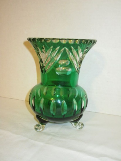 Vintage Bohemian Cut to Clear Green vase