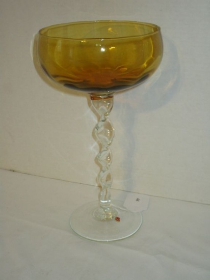 Mid Century Italian Art Glass Compote - Amber Bowl w/ Twisted Clear Stem