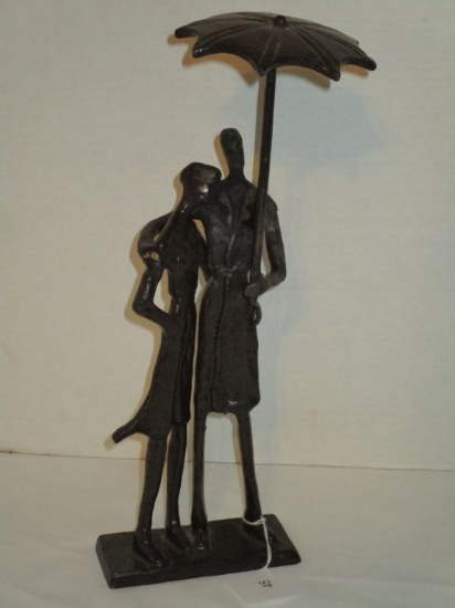 Cast Iron Sculpture of Couple under Umbrella