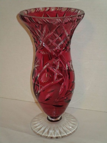 Bohemian Cranberry Cut to Clear Vase