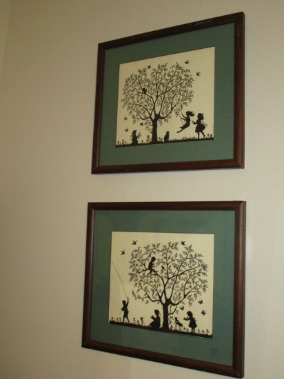 Pair - Framed Silhouettes of Children Playing in Yard
