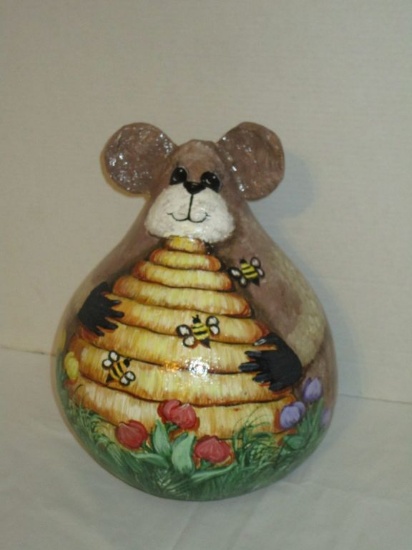 Folk Art Hand Painted Gourd - Depicts Bear w/ Honey Bees