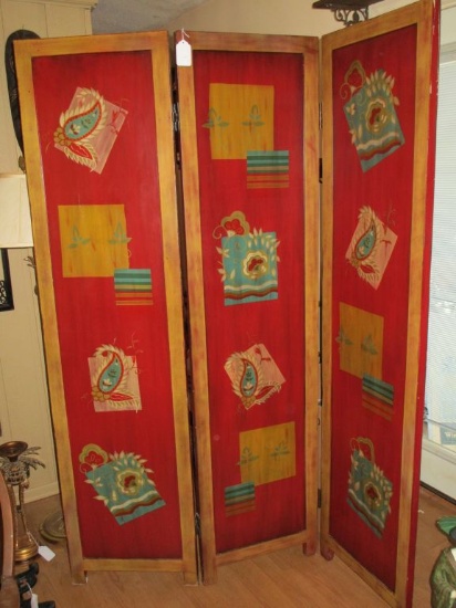 Triple Panel Hand Painted Wood Framed Screen