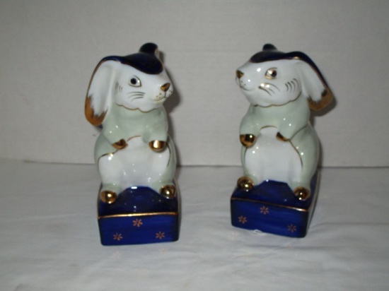 Pair - Rabbit Porcelain Figurines On Cobalt Cushion w/ Gilt Trim