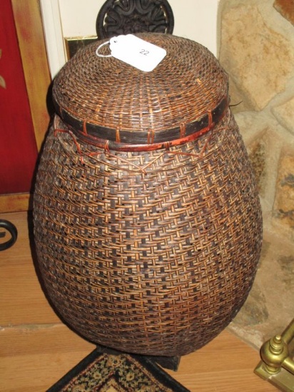Woven Lidded Basket on Wooden Base