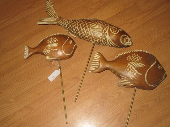 Trio of  Wood Carved Fish on Stakes