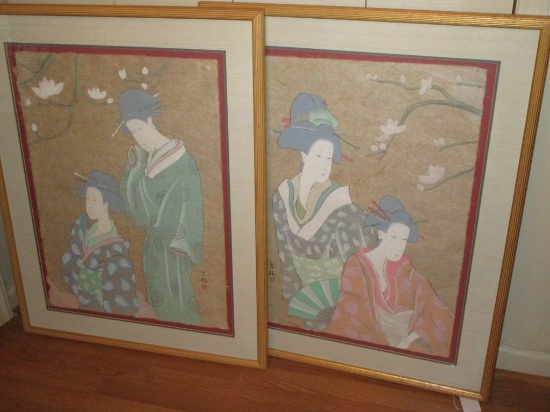 Pair - Matted & Framed Paintings on Rice Paper - Portraits of Geishas