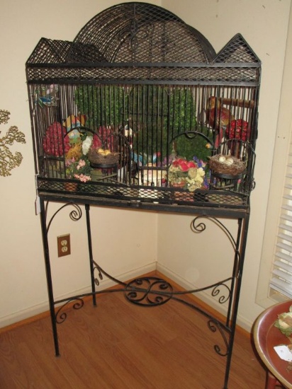 Large Metal Bird Cage on Stand w/ Fun Figurines & Florals inside