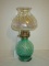 Charming Green Glass Oil Lamp w/ Iridescent Glass Shade