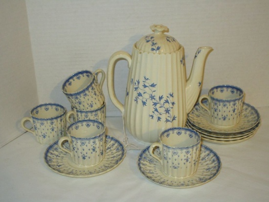 Stokes on Trent Coffee Pot , 6 Cups & Saucers - Crème w/ Blue Floral by Copeland