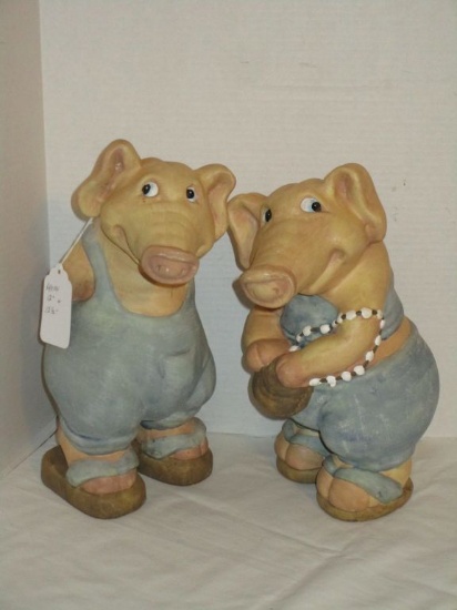 Pair Cute Long Snout Resin Pigs in Coveralls