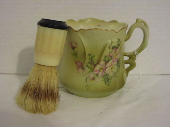 Hand Painted Nippon (repo) Shaving Mug & Early Shaving Brush