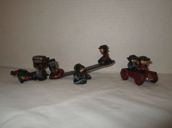 Miniature Cast Iron Painted Amish Kids - on Seesaw, in Kiddy Car, At Desk - too cute!