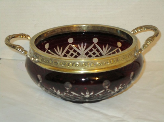 Ruby Cut  to Clear Bohemian Glass Bowl w/ Brass Handles