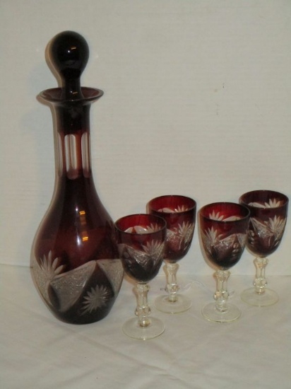 13.5" Tall Ruby Cut to Clear Bohemian Glass Decanter w/ 4  Matching Stems