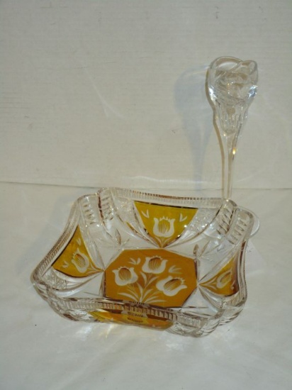 Amber & Clear Glass Etched 7 7/8" Bowl & 7.5" Clear Glass Candleholder