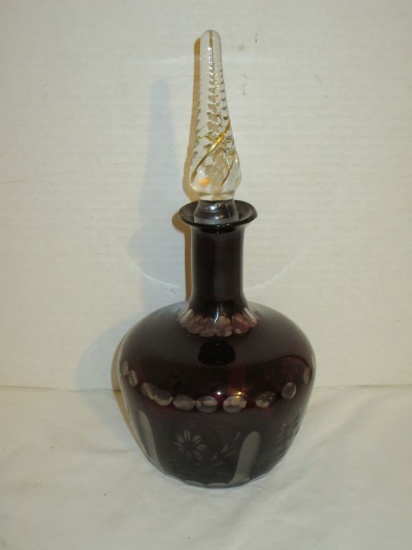 11" Deep Amethyst Bohemian Glass Cut to Clear Decanter w/ Stopper