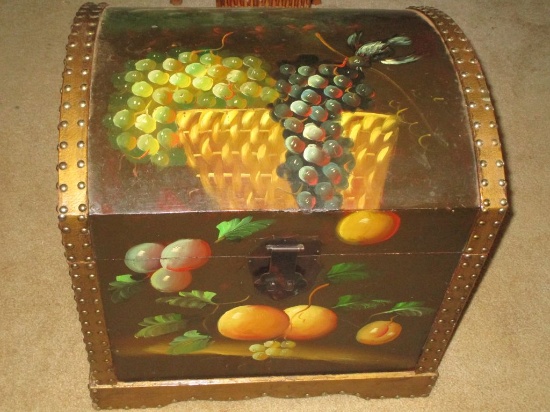 Decorative Wooden Trunk w/ Hand Painted Fruit Design - 19" X 19.5" X 16"