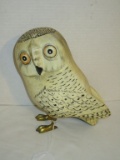 Painted Carved Wooden Owl w/ Brass Feet