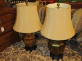 Pair Brass Asian Style Lamps. Both on Wooden Bases.