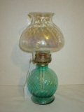 Charming Green Glass Oil Lamp w/ Iridescent Glass Shade